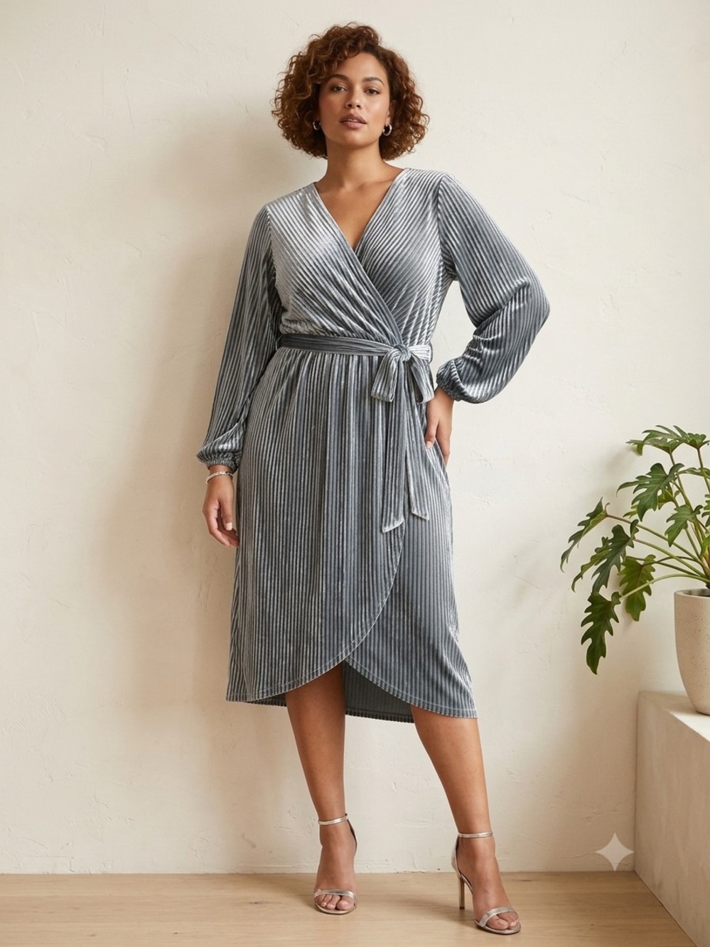 Simplee Velvet Wrap Midi Dress - Steel Gray